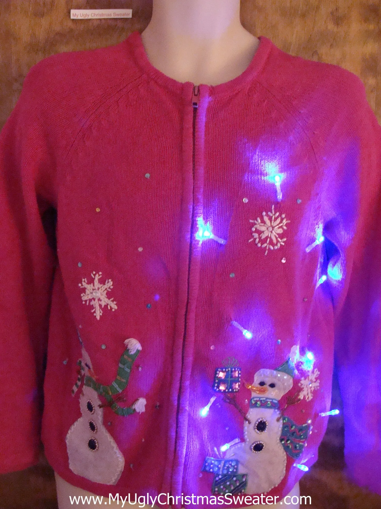 CUTE Pink Light Up Cheesy Christmas Sweater with Snowmen