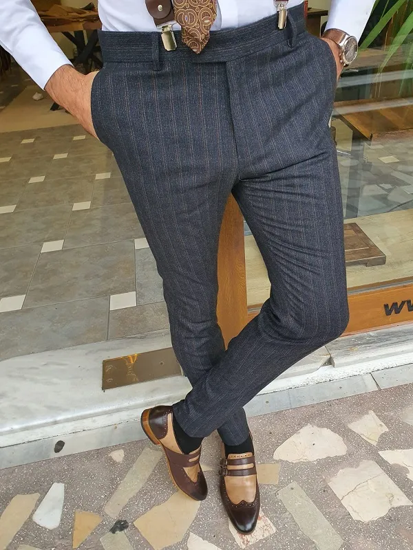 Dark Blue Slim Fit Striped Pants for Men by GentWith.com