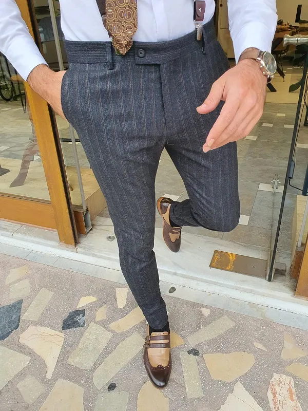 Dark Blue Slim Fit Striped Pants for Men by GentWith.com