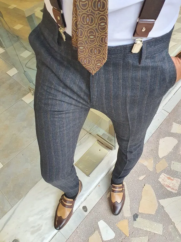 Dark Blue Slim Fit Striped Pants for Men by GentWith.com