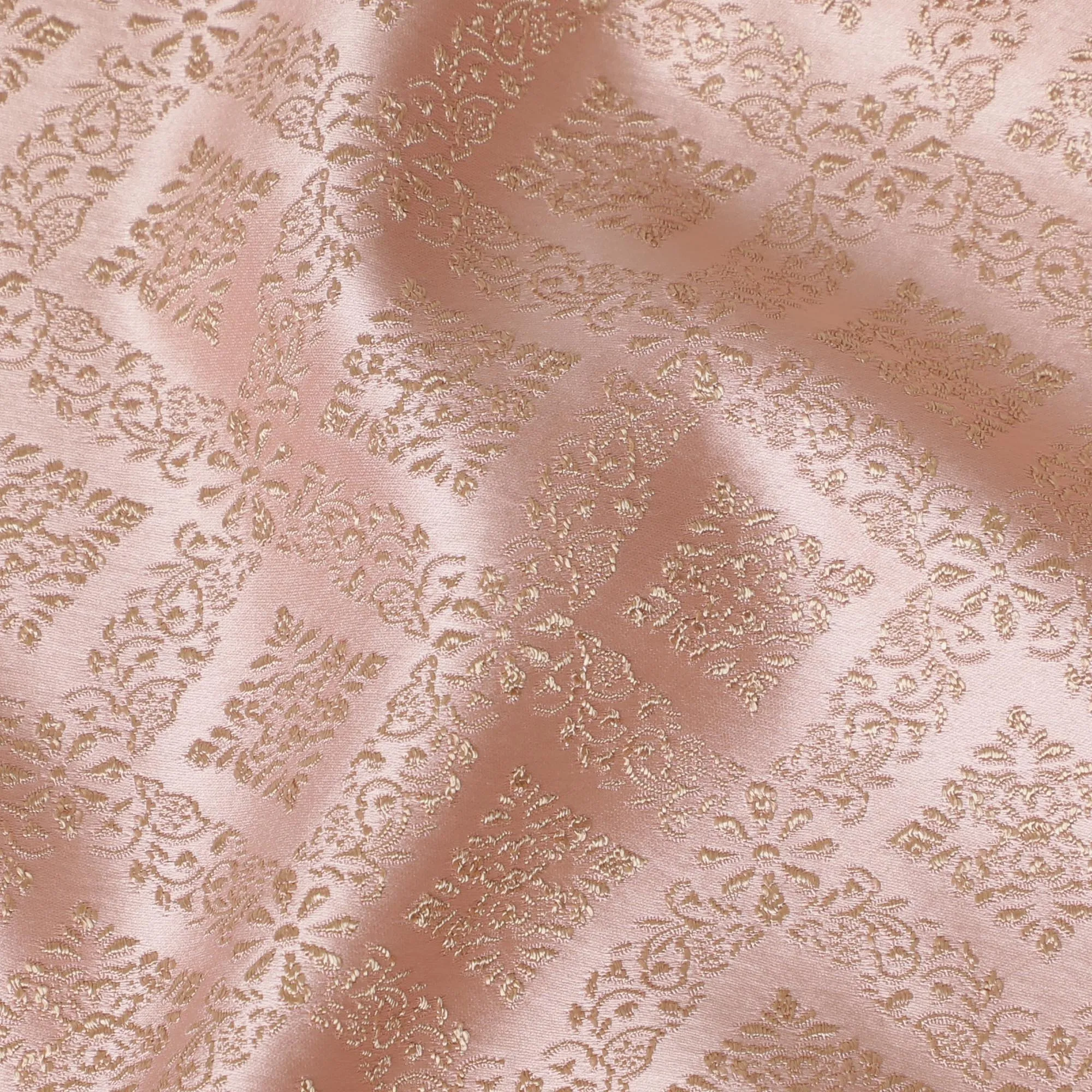 Elegant Blush Pink and Gold Synthetic Brocade Fabric with Geometric Floral Design â€“ 140 cm Width-D19381