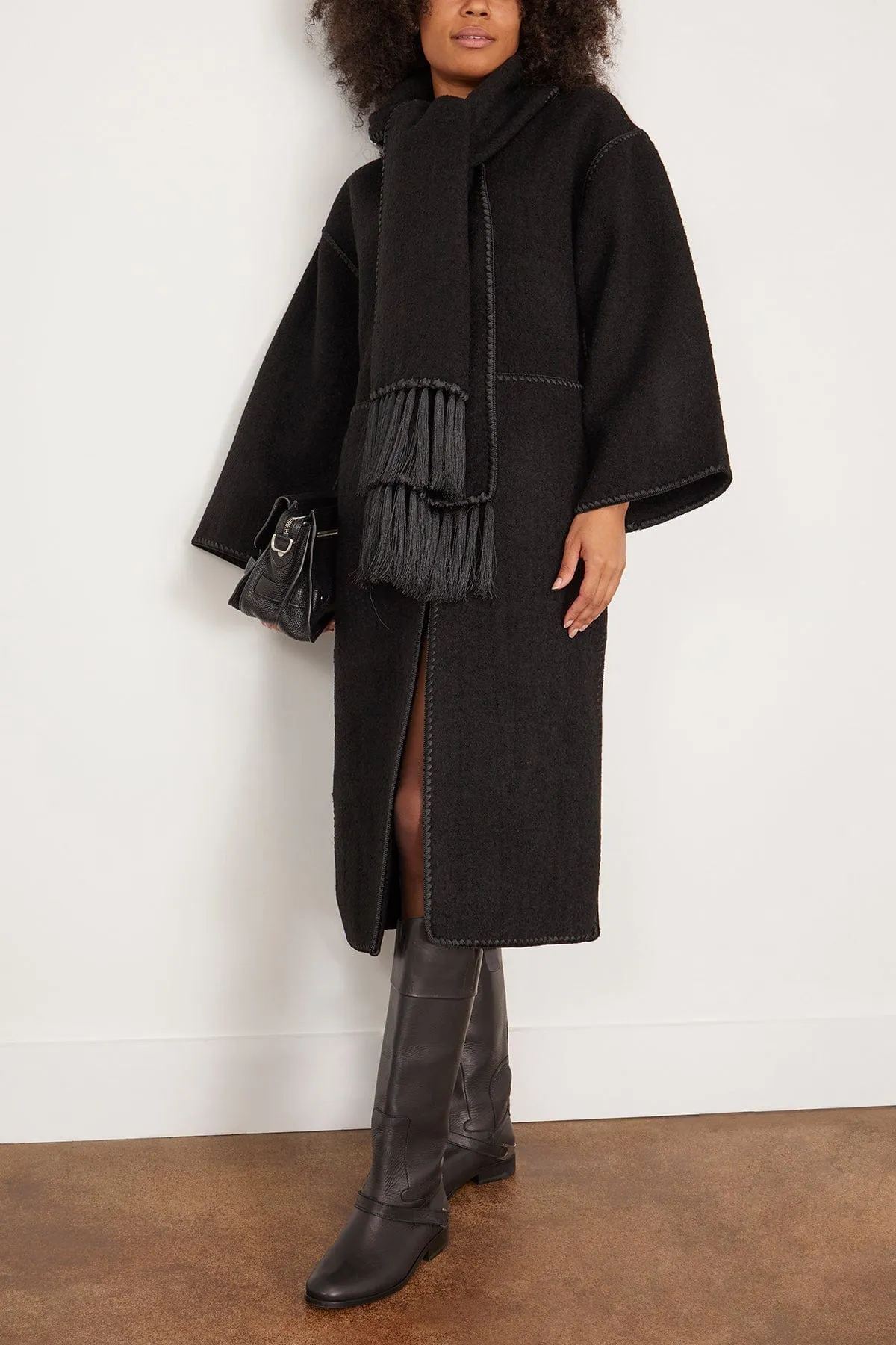 Embroidered Scarf Coat in Black