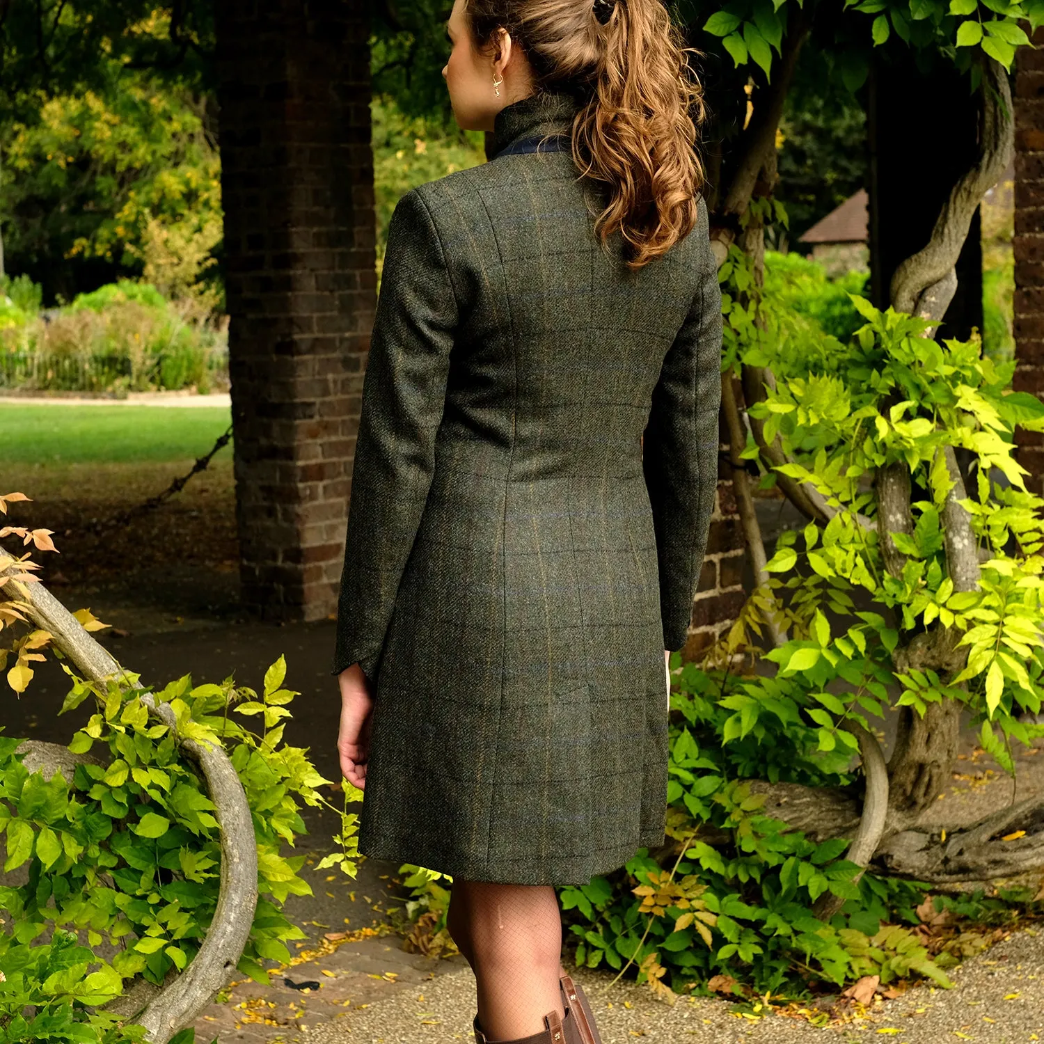 Fitted Tweed Coat in Green Check