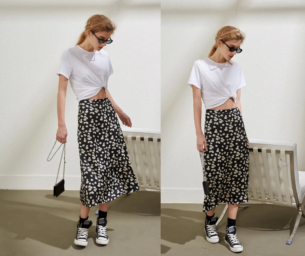 Floral print midi casual skirt