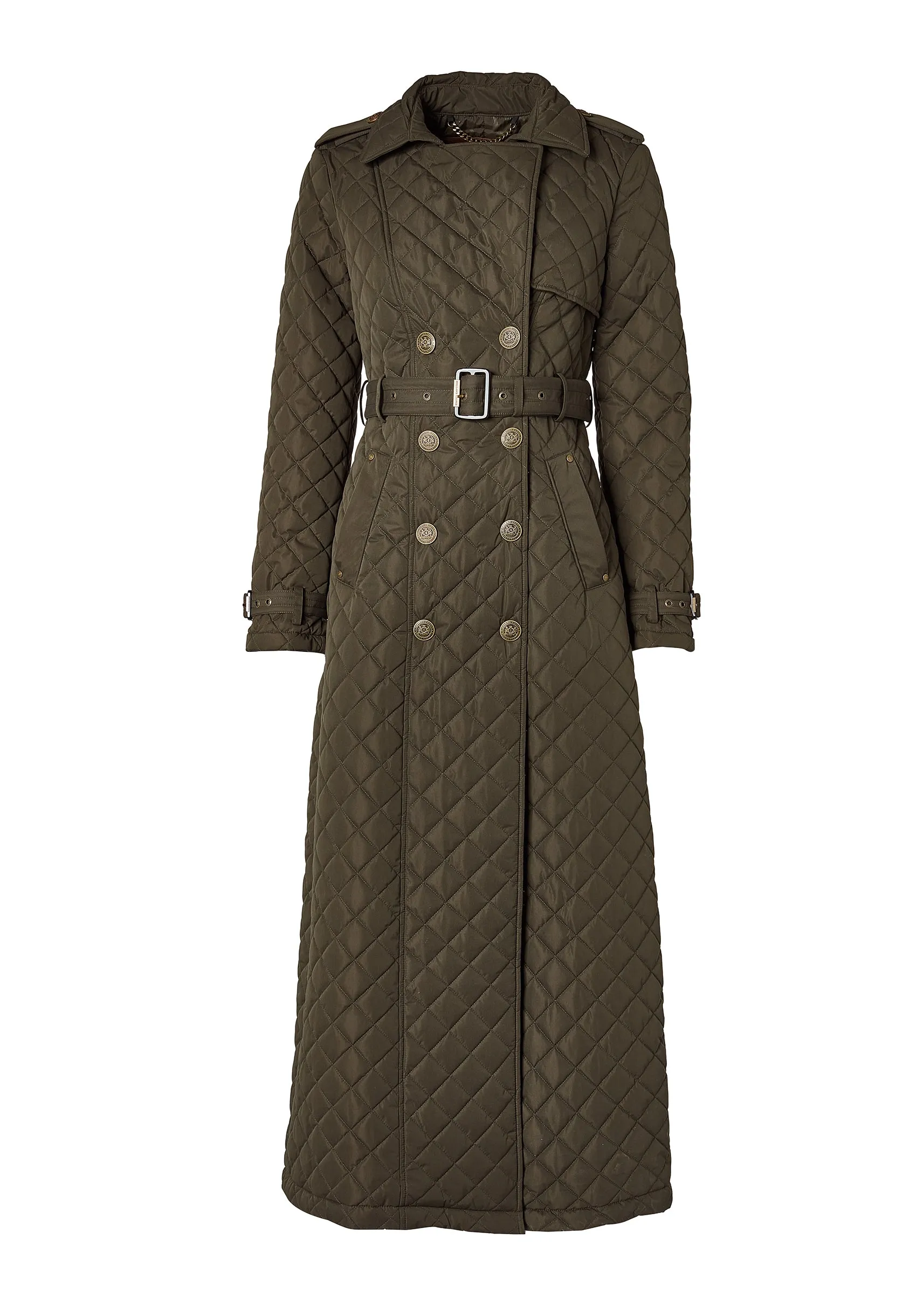 Full Length Enstone Quilted Trench Coat (Dark Olive)