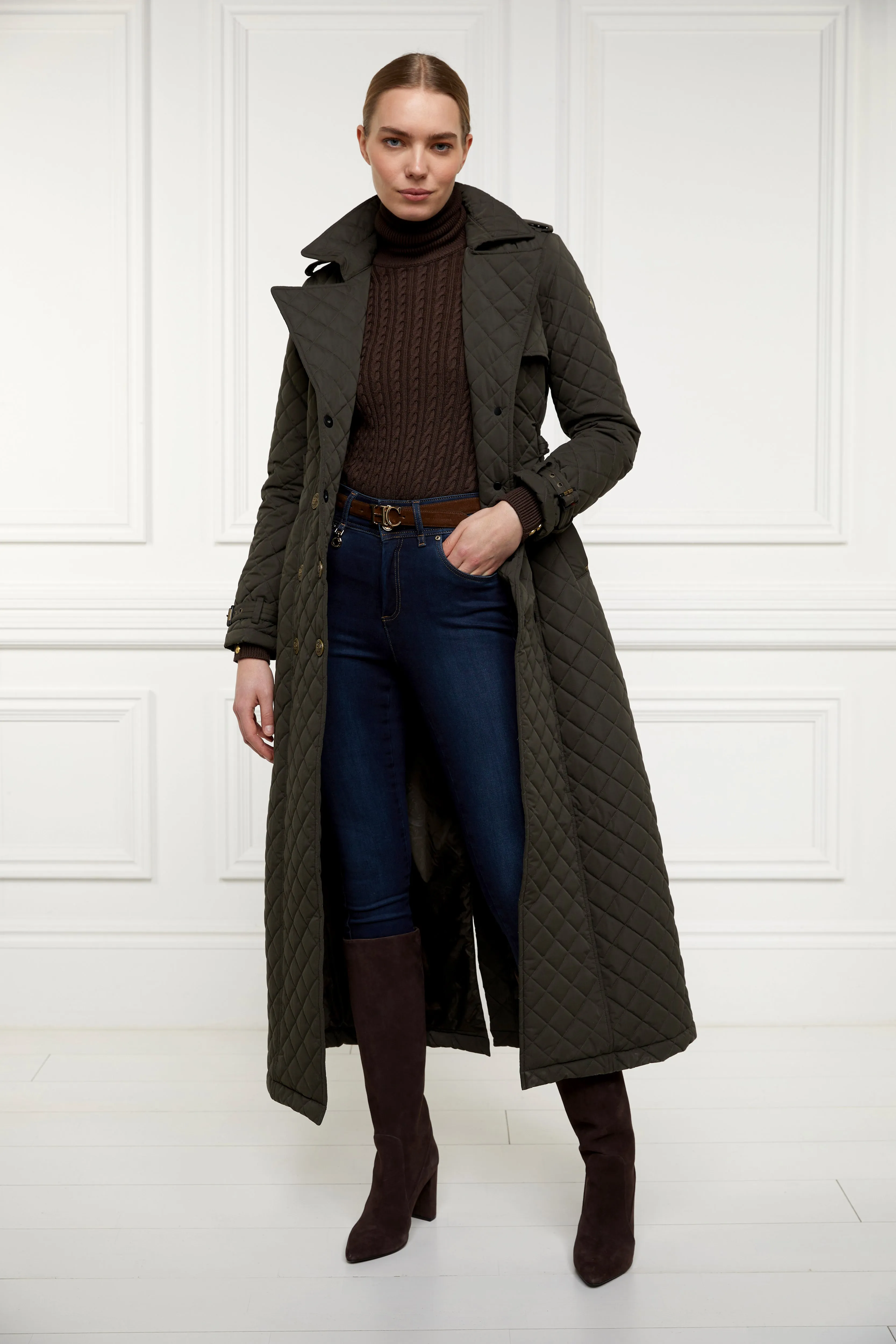 Full Length Enstone Quilted Trench Coat (Dark Olive)