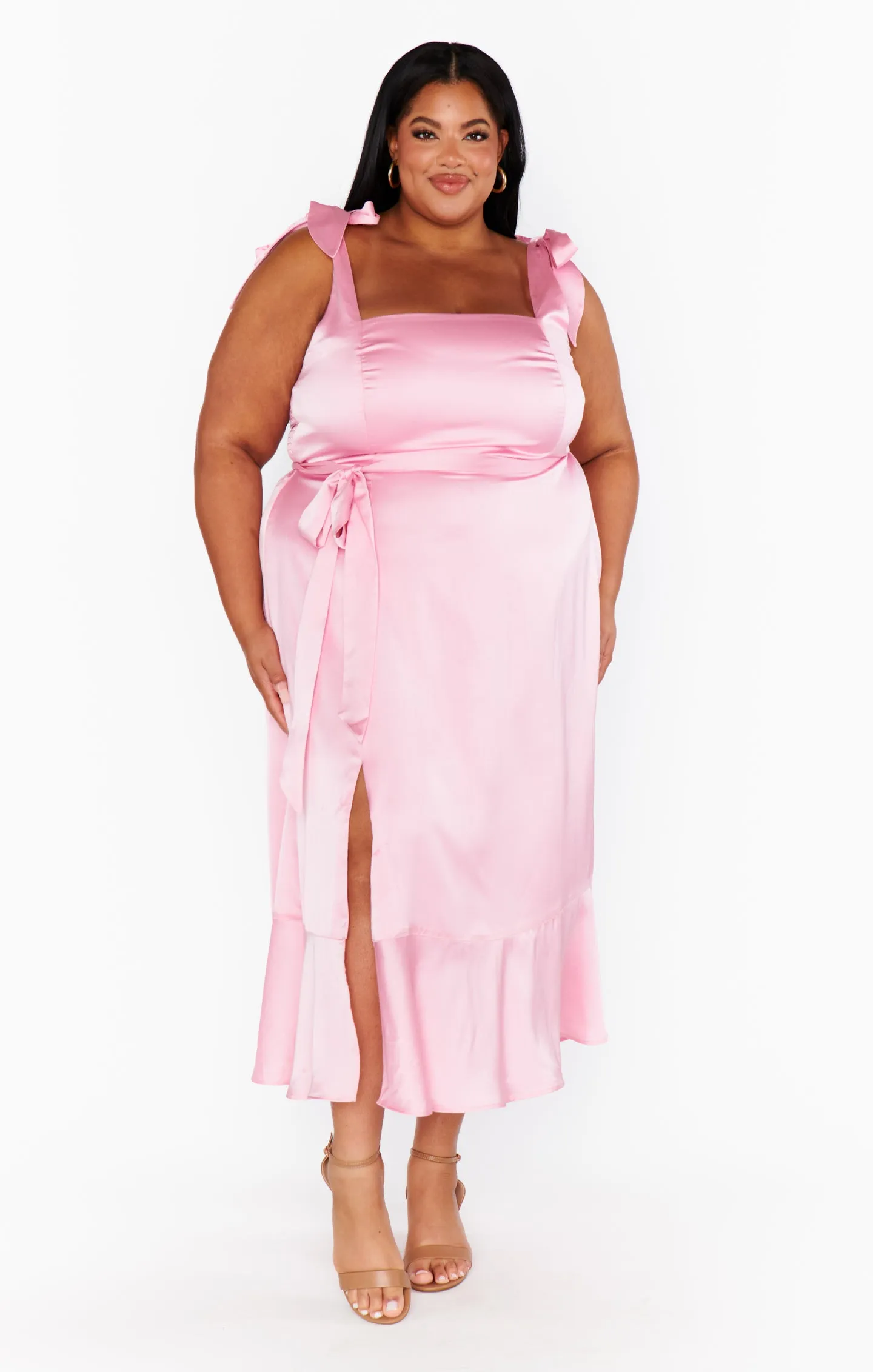 Garden Midi Dress ~ Light Pink Luxe Satin