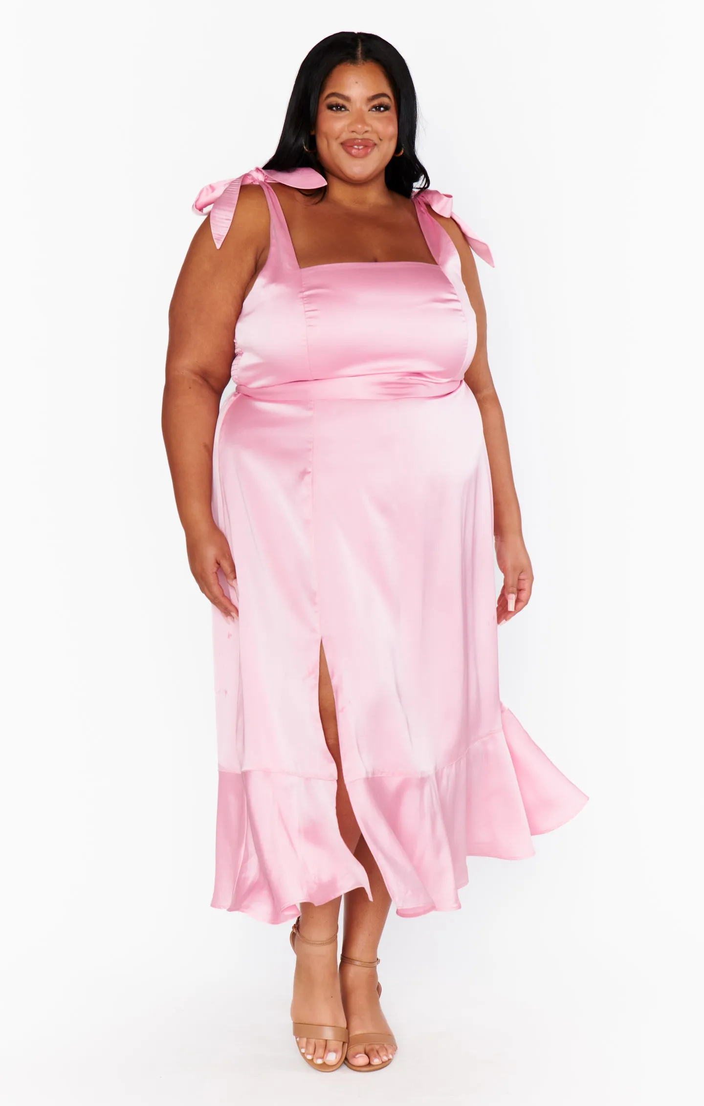 Garden Midi Dress ~ Light Pink Luxe Satin