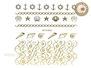 Gold Anchor Ship Wheel Seashell Adhesive Nail Art Sticker - 1 pc (U G103)