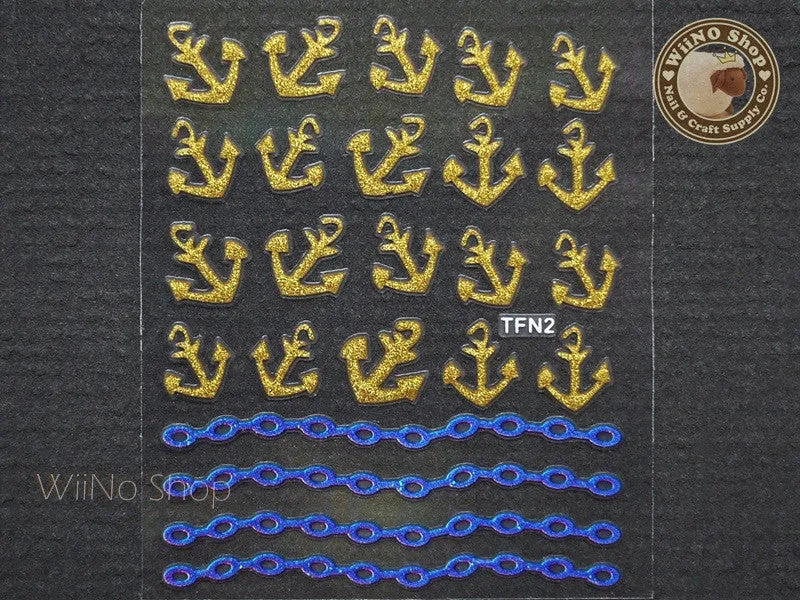 Gold Glitter Anchor Blue Chain Adhesive Nail Sticker Nail Art - 1 pc (TFN2)