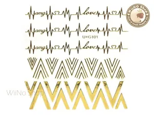 Gold V Heartbeat Pattern Adhesive Nail Art Sticker - 1 pc (U G101)