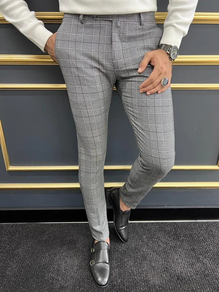 Gray Black Slim Fit Groom Wedding Plaid Pants for Men