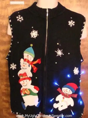 Happy Snowmen Ugly Christmas Sweater Vest with Lights