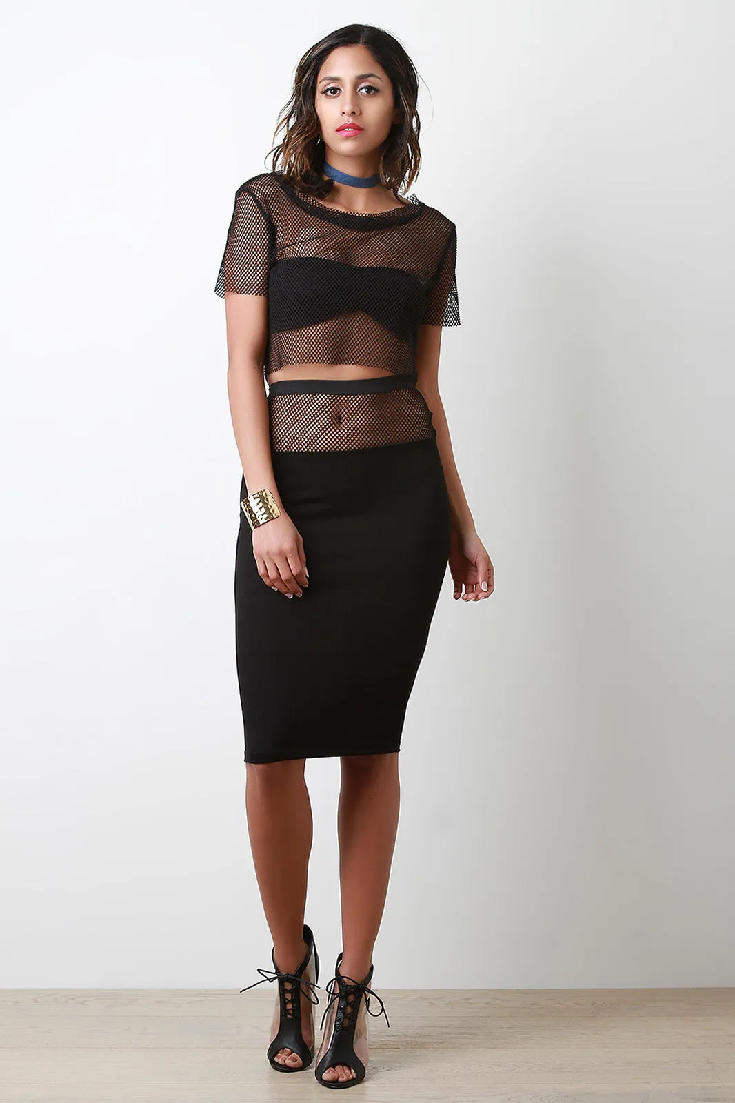 High Waisted Fishnet Mesh Midi Skirt