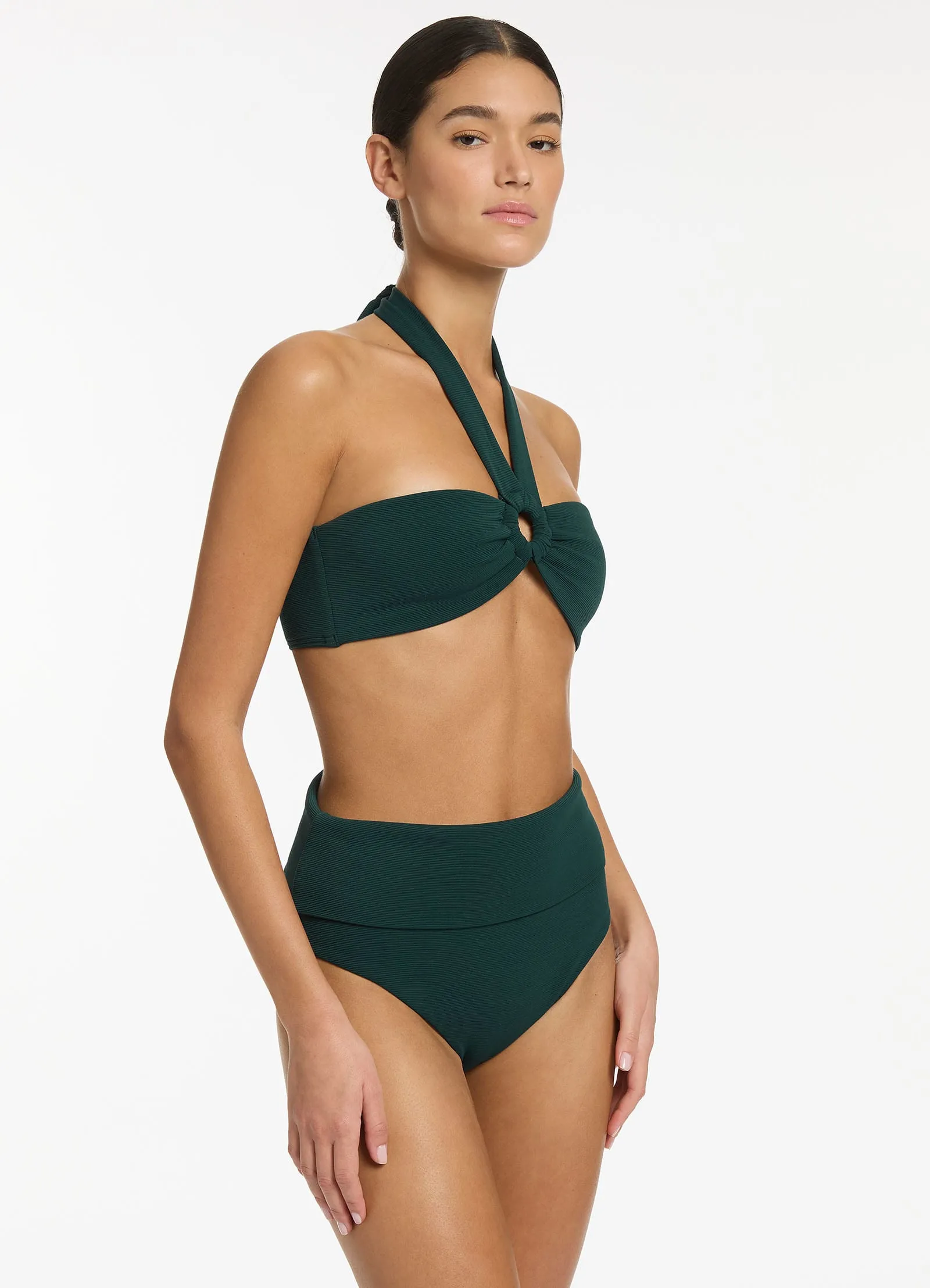 Isla Rib Fold Down High Waisted Bikini Bottom - Forest