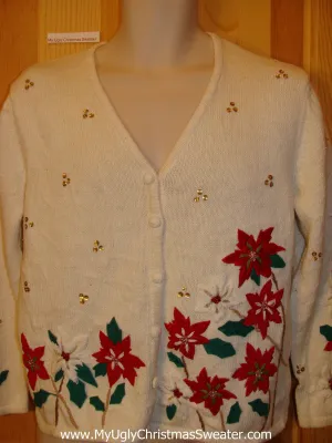 Ivory Christmas Sweater Cardigan with Poinsettias