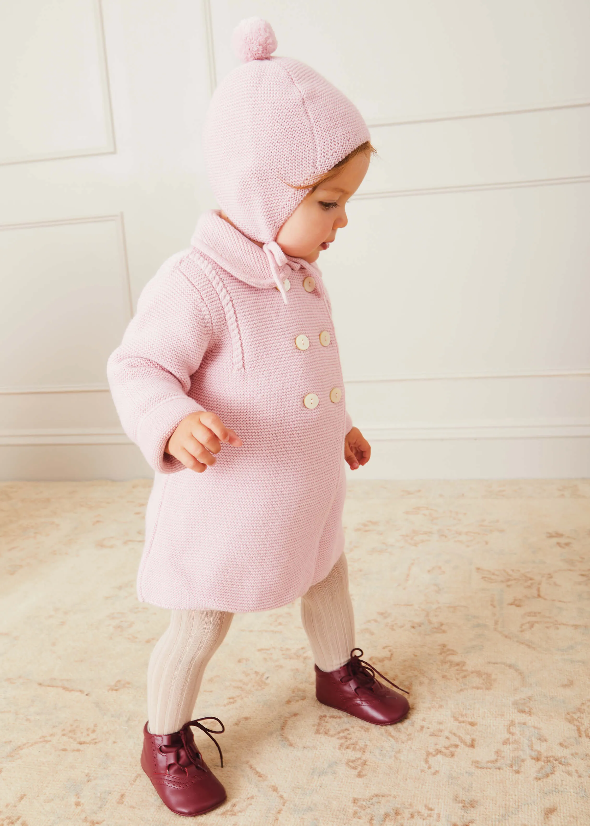 Knitted Double Breasted Coat In Pink (6mths-2yrs)