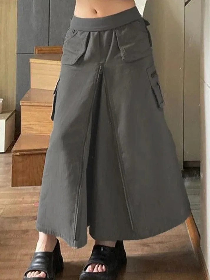 LANFUBEISI - Multiple Pocket Zip Up Slit Cargo Midi Skirt