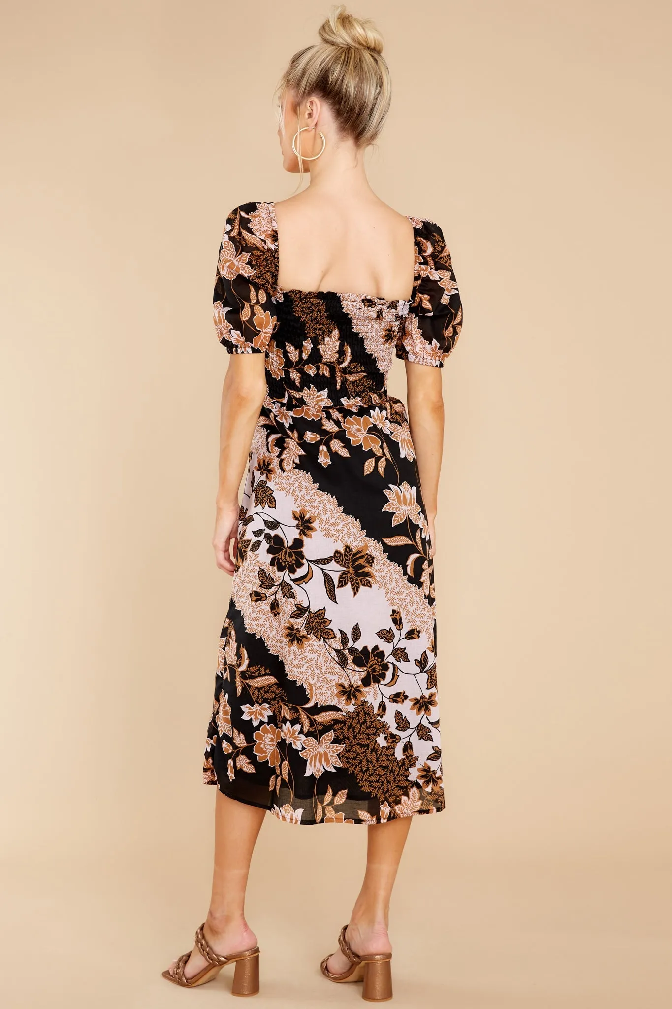 Let Love Go Blush And Black Floral Print Midi Dress