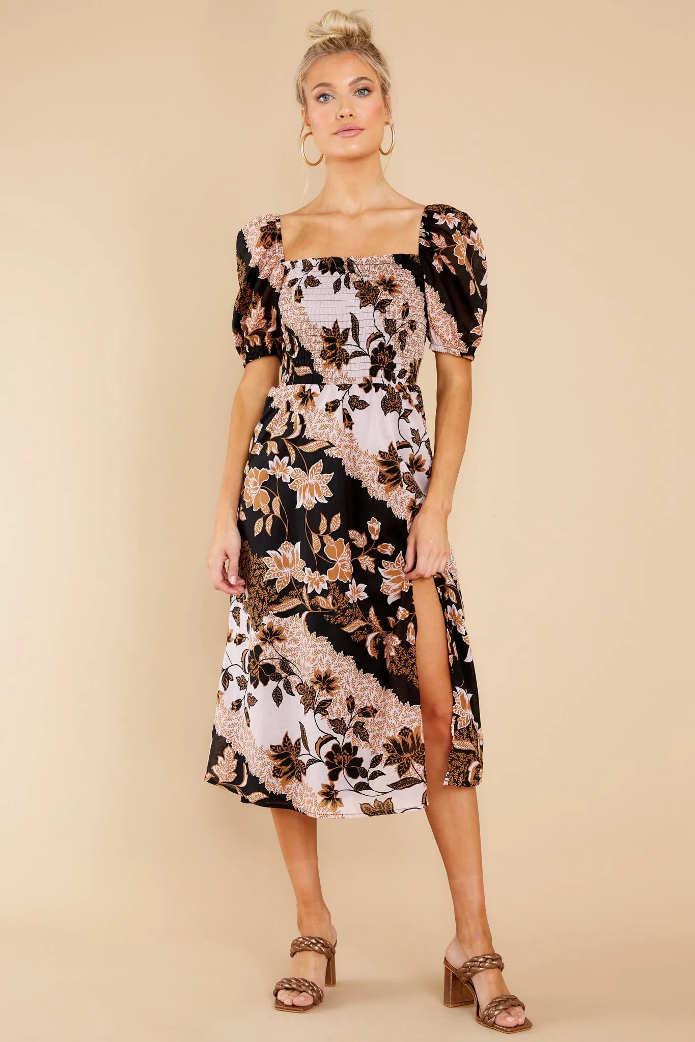 Let Love Go Blush And Black Floral Print Midi Dress