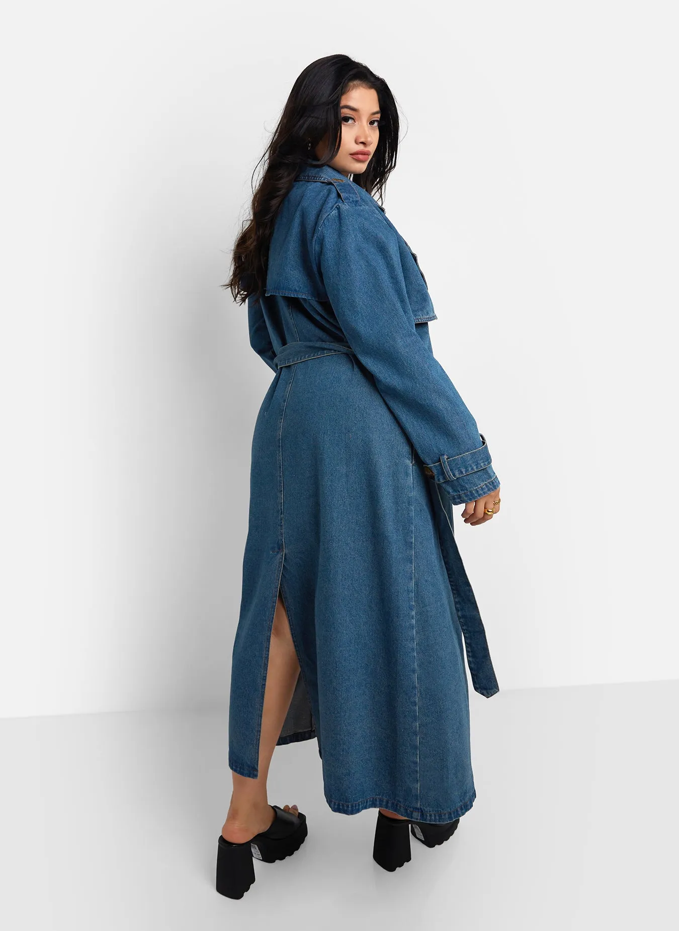 Livie Denim Longline Trench Coat - Medium Blue