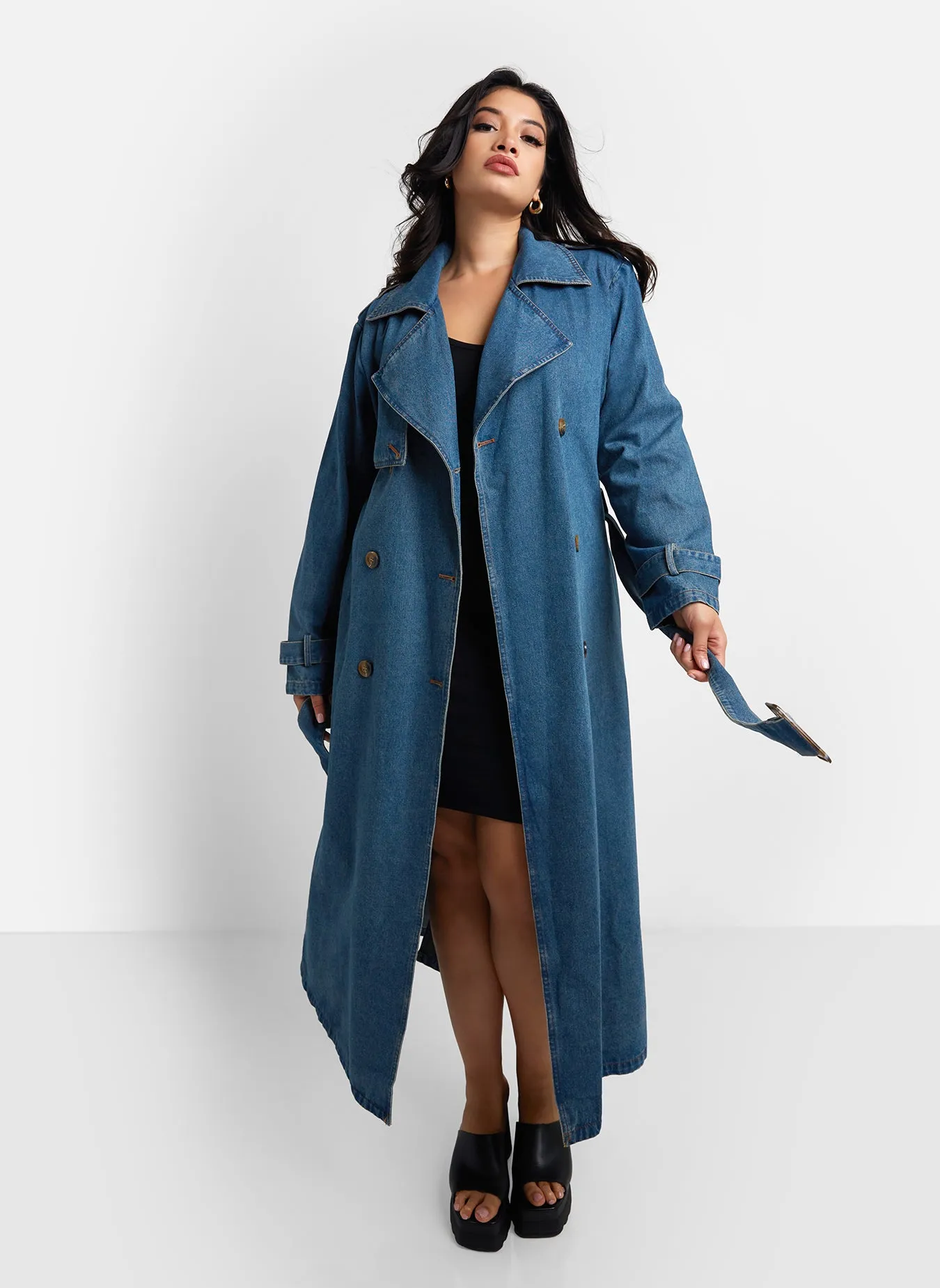 Livie Denim Longline Trench Coat - Medium Blue