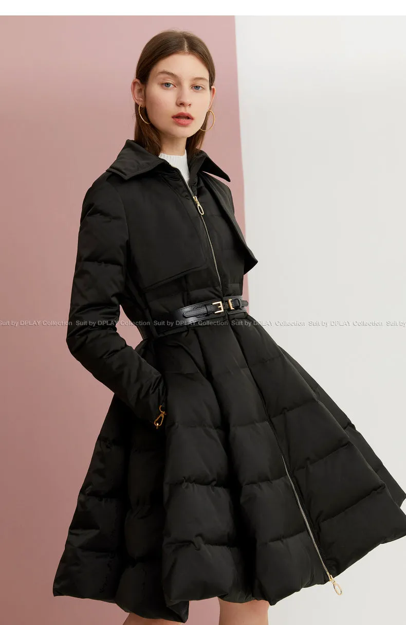 Long black Down coat winter Black waist and big swing design pleated coat -Jara