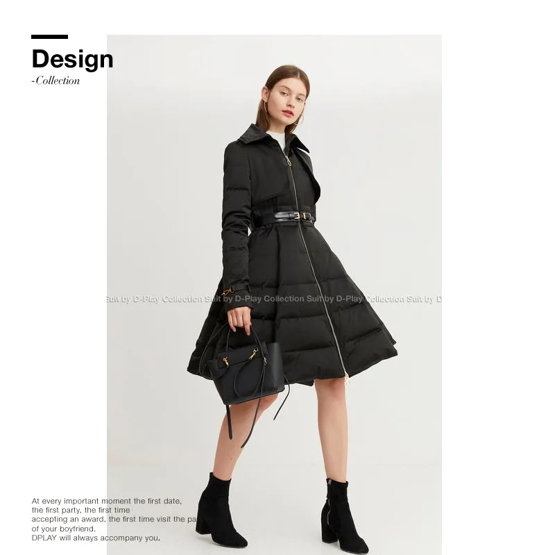 Long black Down coat winter Black waist and big swing design pleated coat -Jara