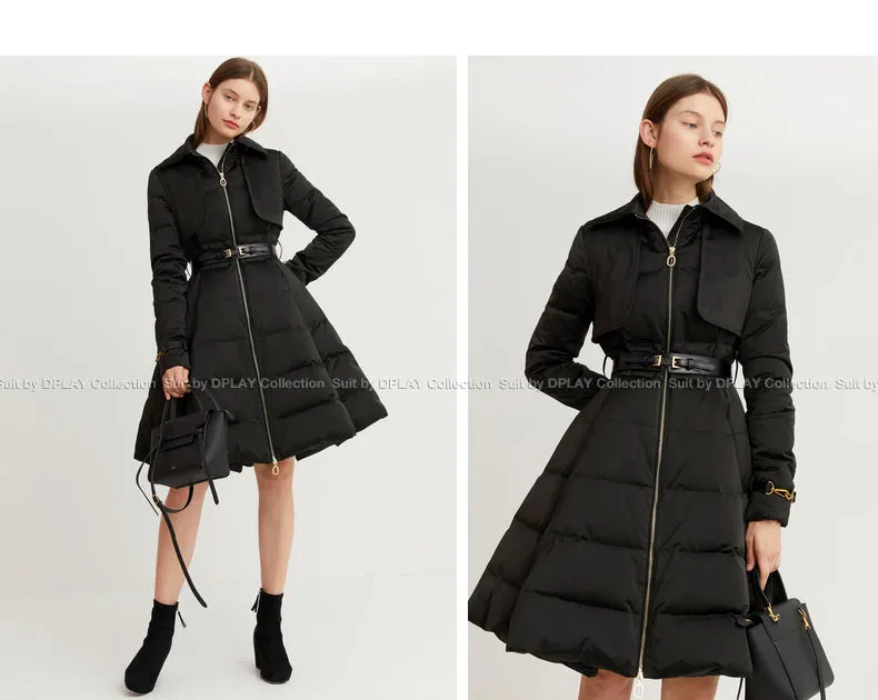 Long black Down coat winter Black waist and big swing design pleated coat -Jara