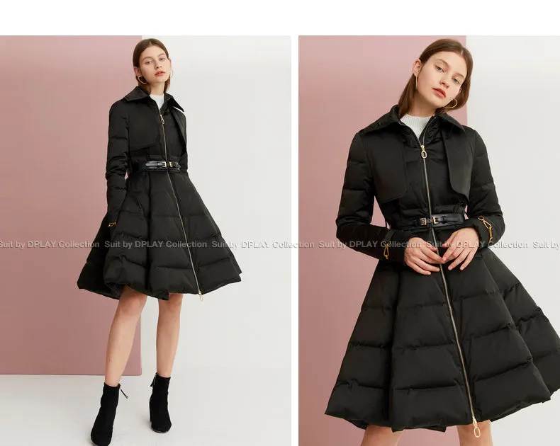 Long black Down coat winter Black waist and big swing design pleated coat -Jara