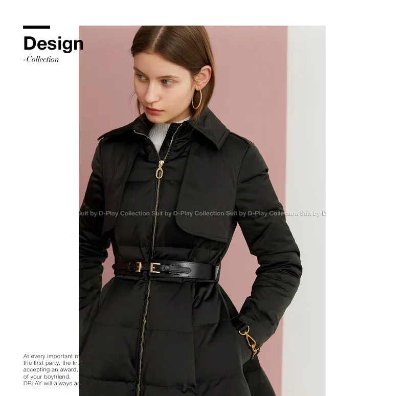 Long black Down coat winter Black waist and big swing design pleated coat -Jara