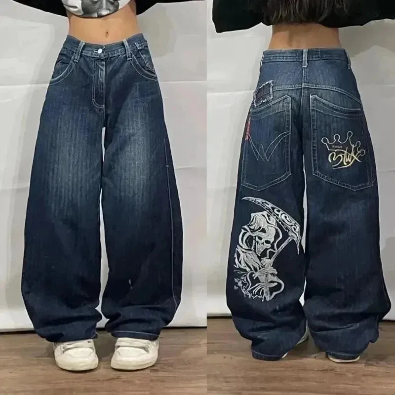 LVSANW American Vintage Gothic Print Jeans Women Y2K New Street Hip Hop Low Waist Mopping Wide Leg Pants Harajuku Casual Loose Trousers