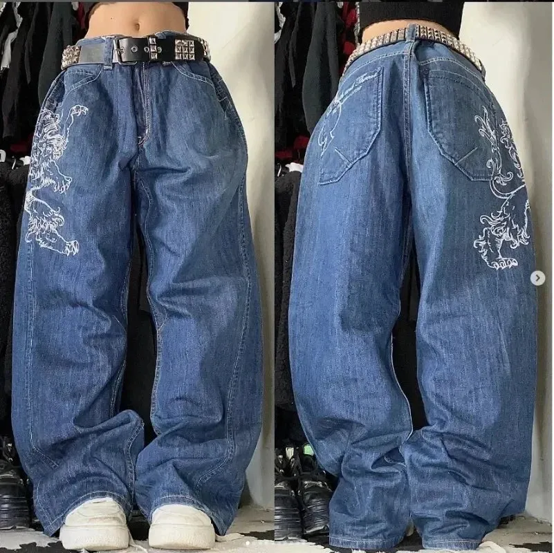 LVSANW American Vintage Gothic Print Jeans Women Y2K New Street Hip Hop Low Waist Mopping Wide Leg Pants Harajuku Casual Loose Trousers