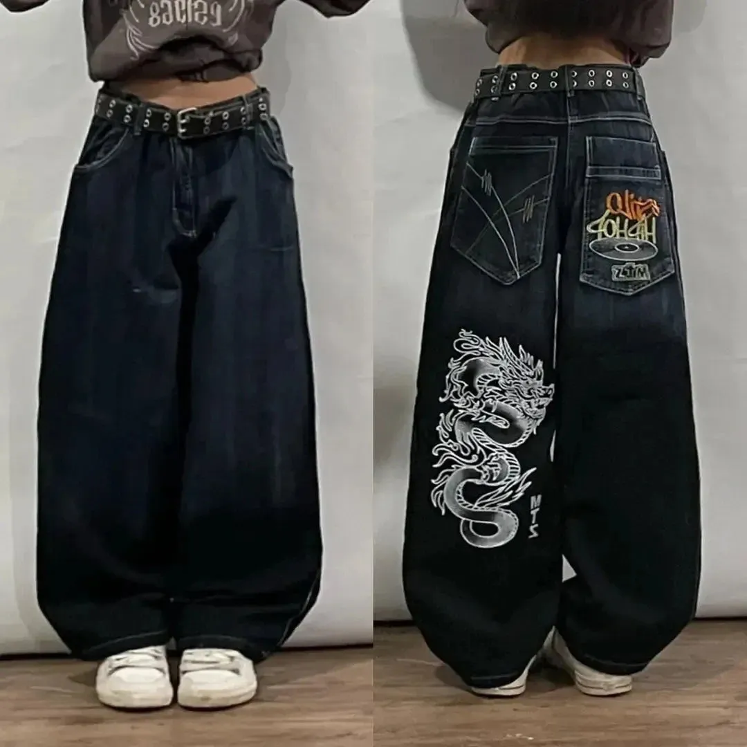 LVSANW American Vintage Gothic Print Jeans Women Y2K New Street Hip Hop Low Waist Mopping Wide Leg Pants Harajuku Casual Loose Trousers