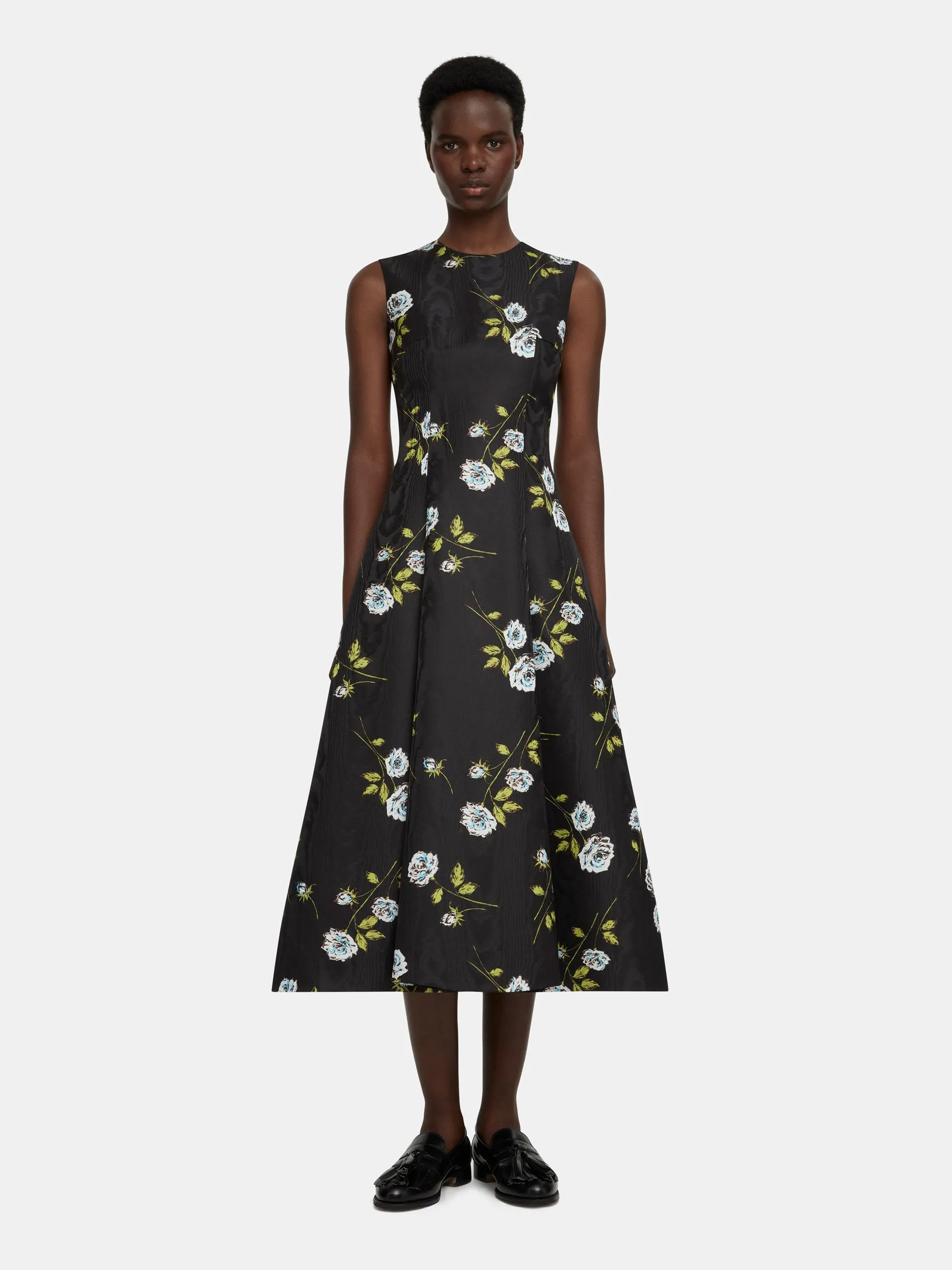 Mara black moire floral print dress