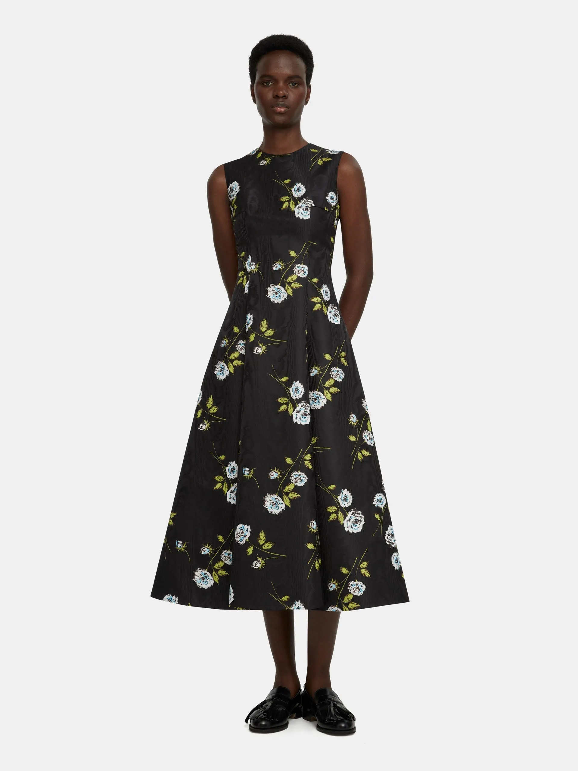 Mara black moire floral print dress