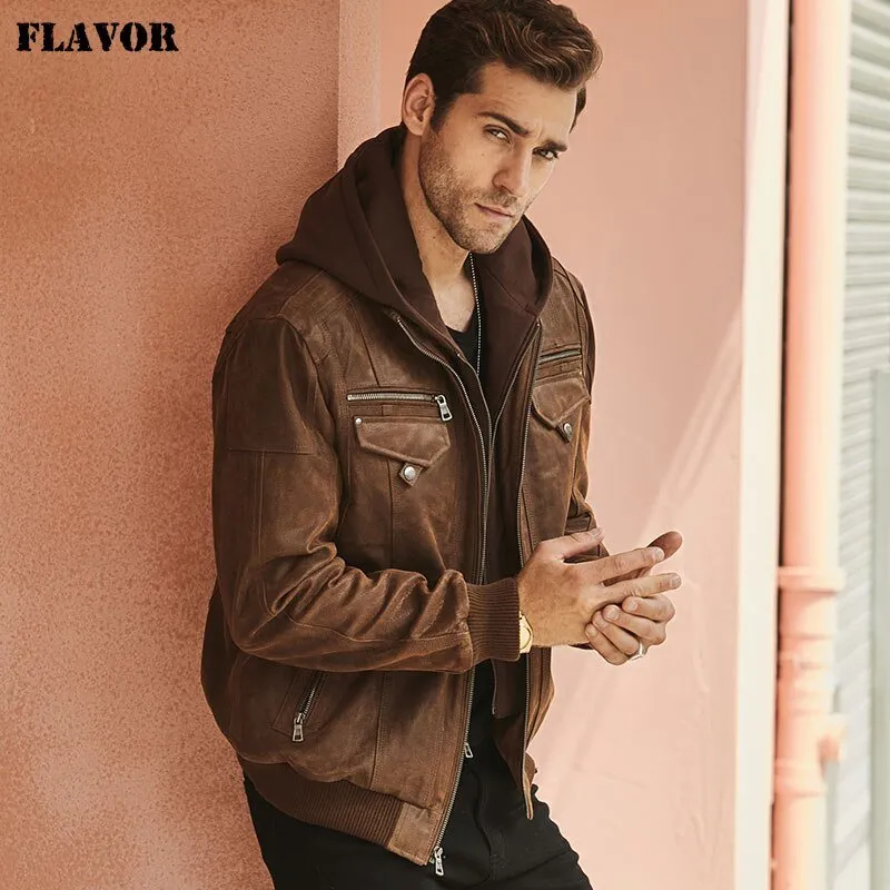 Mens Real Leather Jacket with Removable Hood - Brown Genuine Leather Warm Coat