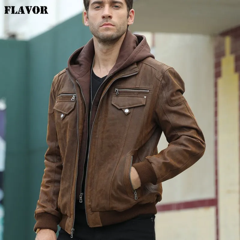 Mens Real Leather Jacket with Removable Hood - Brown Genuine Leather Warm Coat