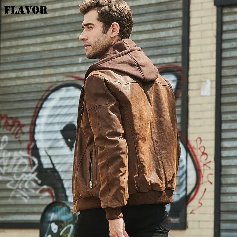 Mens Real Leather Jacket with Removable Hood - Brown Genuine Leather Warm Coat