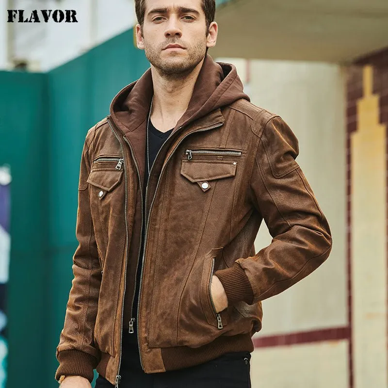 Mens Real Leather Jacket with Removable Hood - Brown Genuine Leather Warm Coat