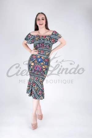 Mexican Fiesta Printed Maxi Dress Black