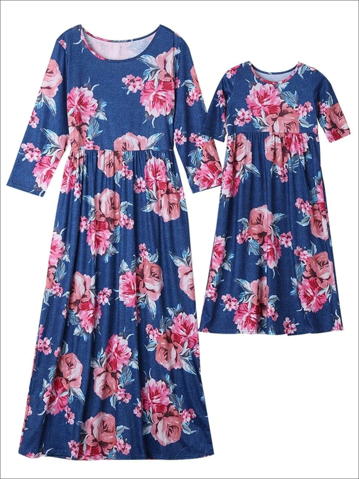 Mommy And Me Blue Long Sleeve Fall Floral Print Maxi Dress