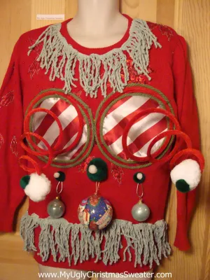 Naughty Tacky 3D Ugly Christmas Sweater Springy Funny 80s Padded Shoulders Fringe (r1)