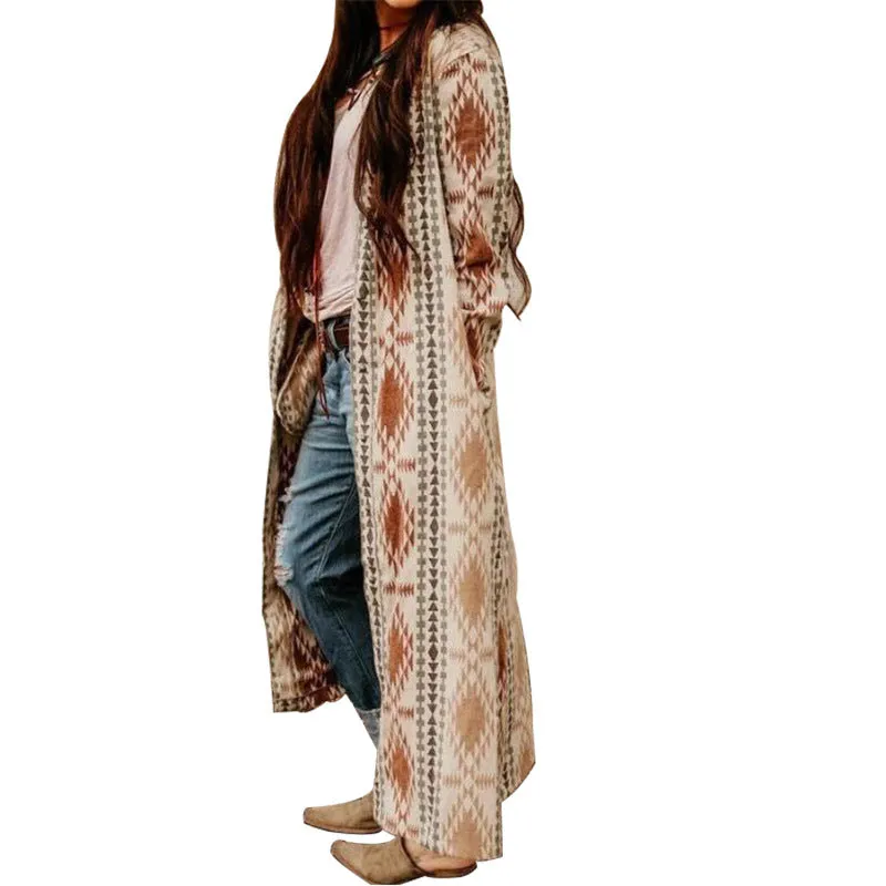 New Printed Long Sleeve Long Knit Jacket