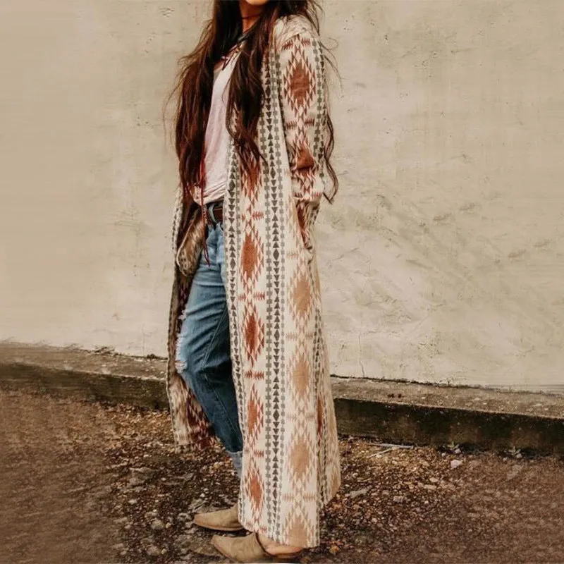 New Printed Long Sleeve Long Knit Jacket