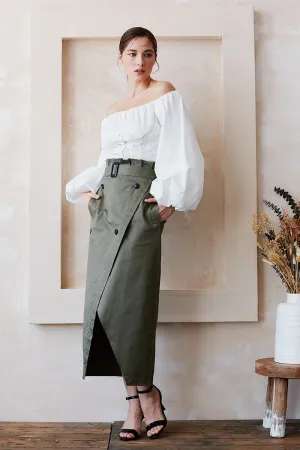 Olive Whisper High Waisted Wrap Midi Skirt