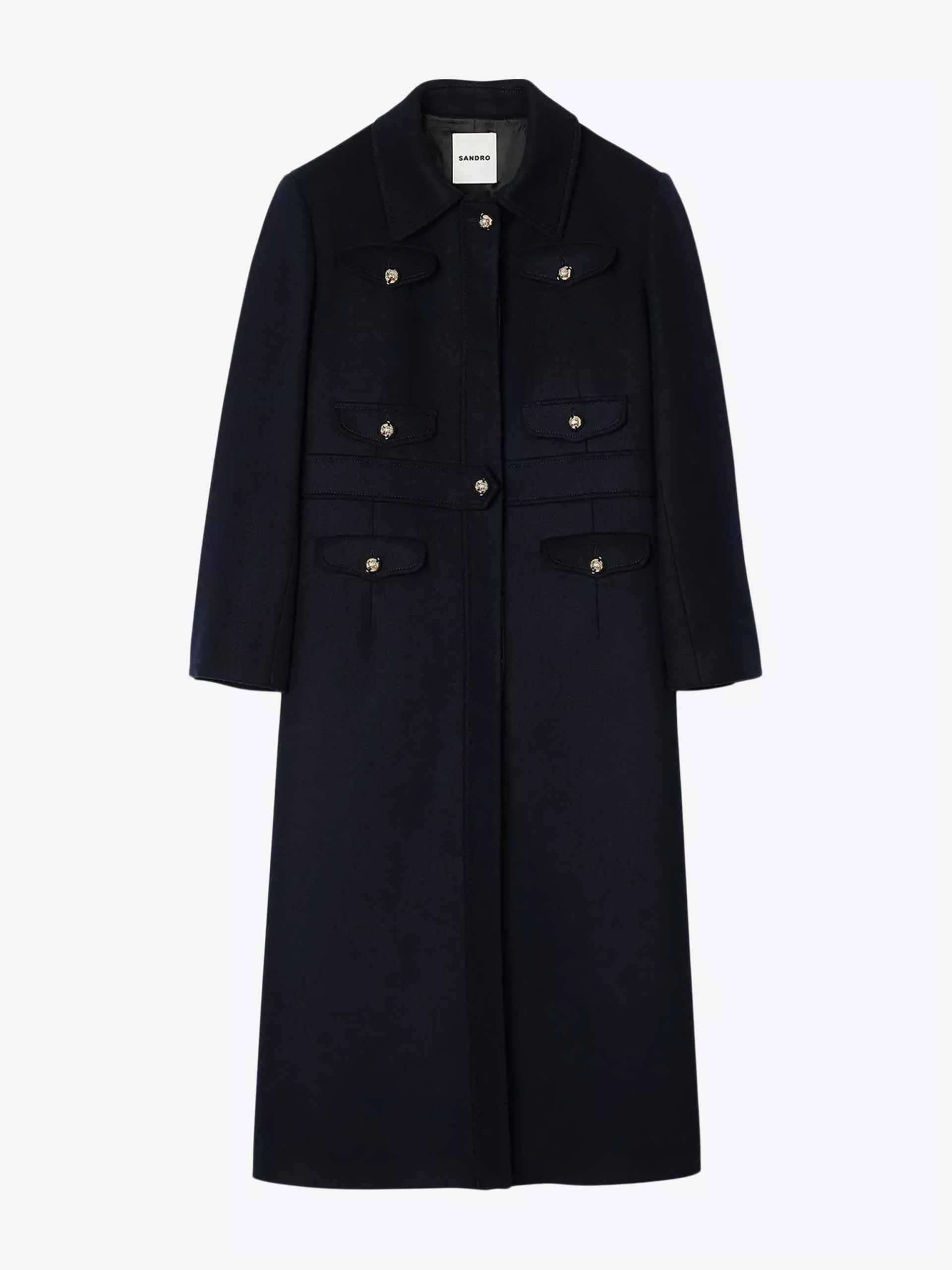 Patch-pocket button-down long wool-blend coat