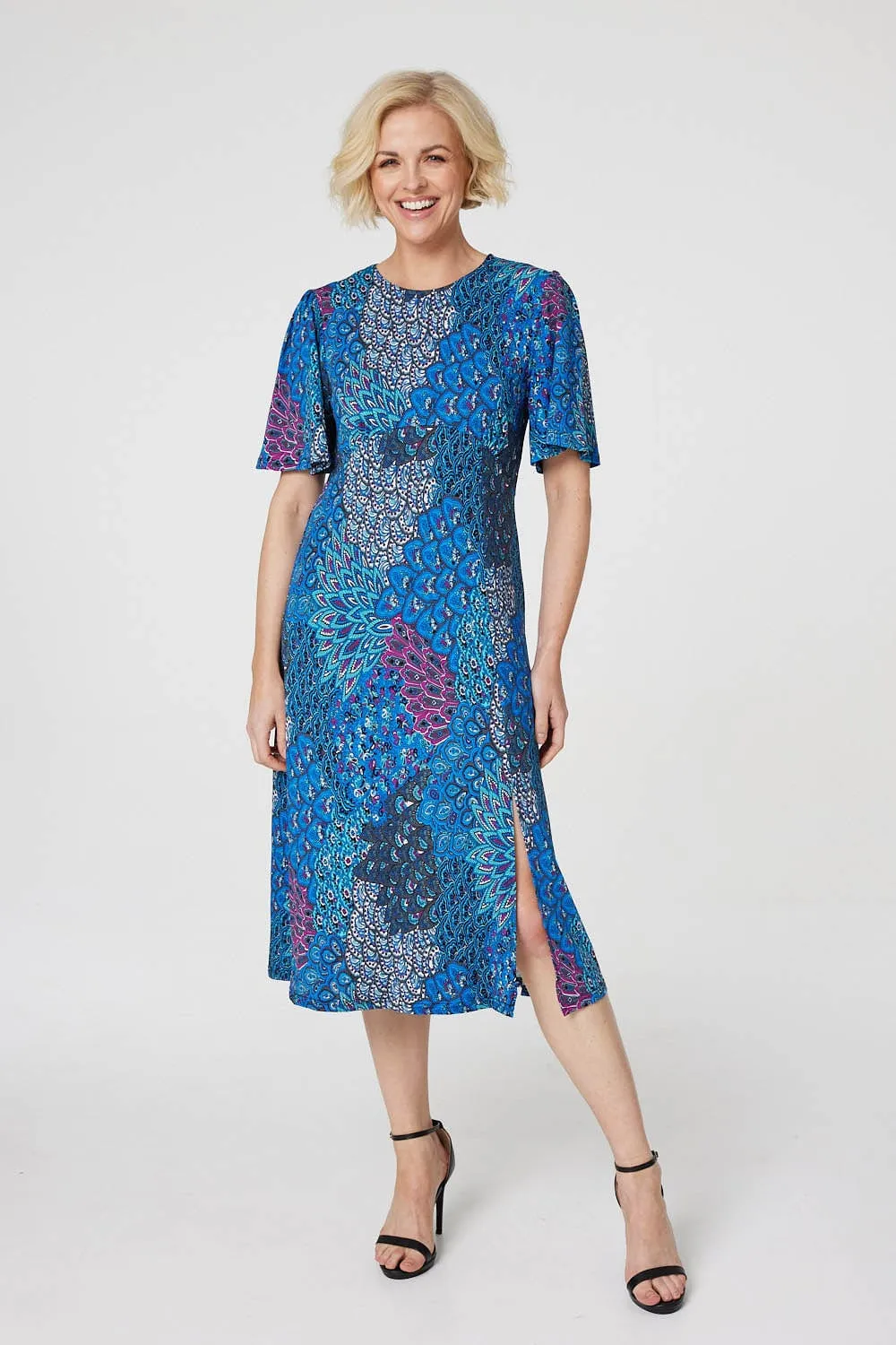 Peacock Print Jersey Midi Dress