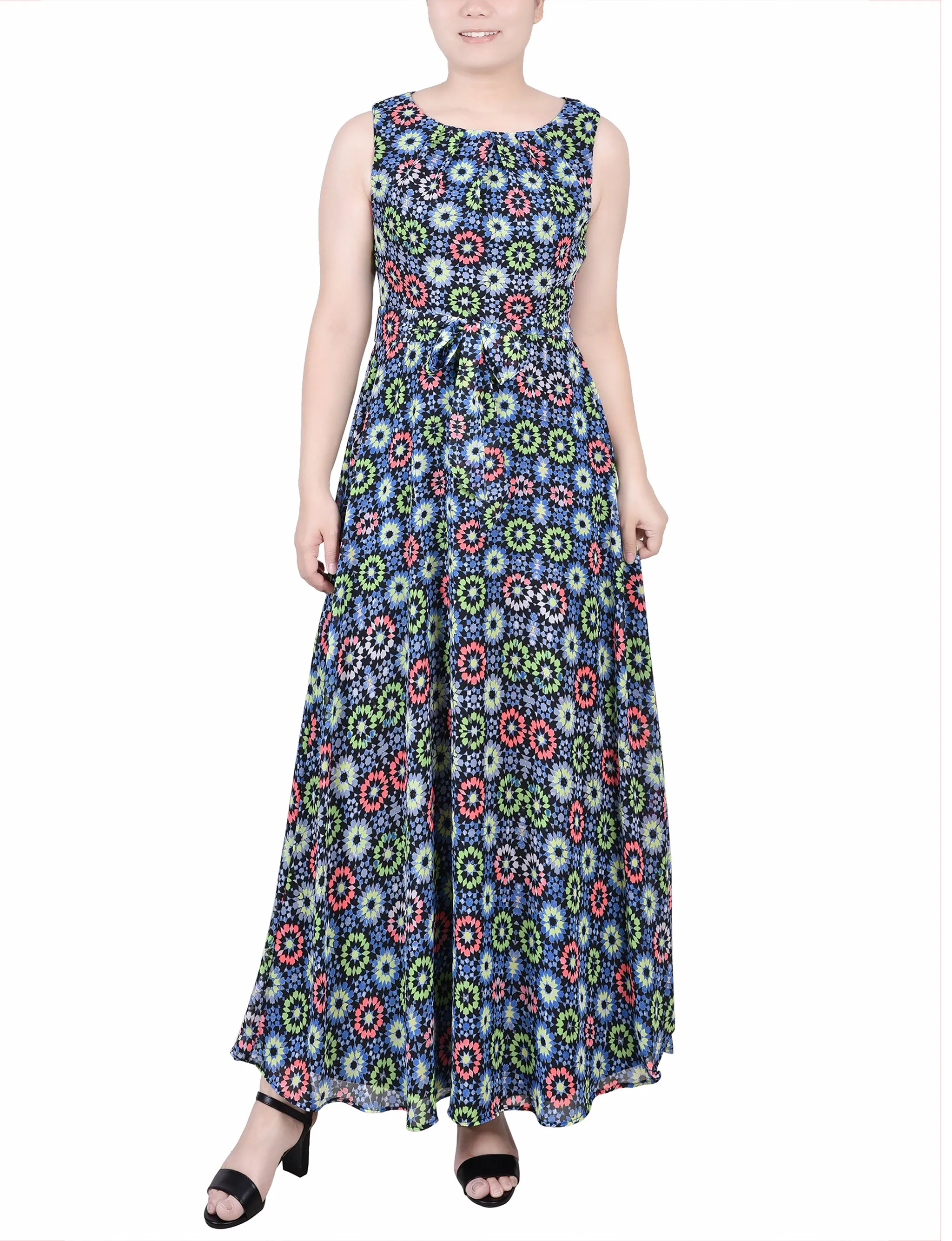 Petite Sleeveless Belted Chiffon Maxi Dress