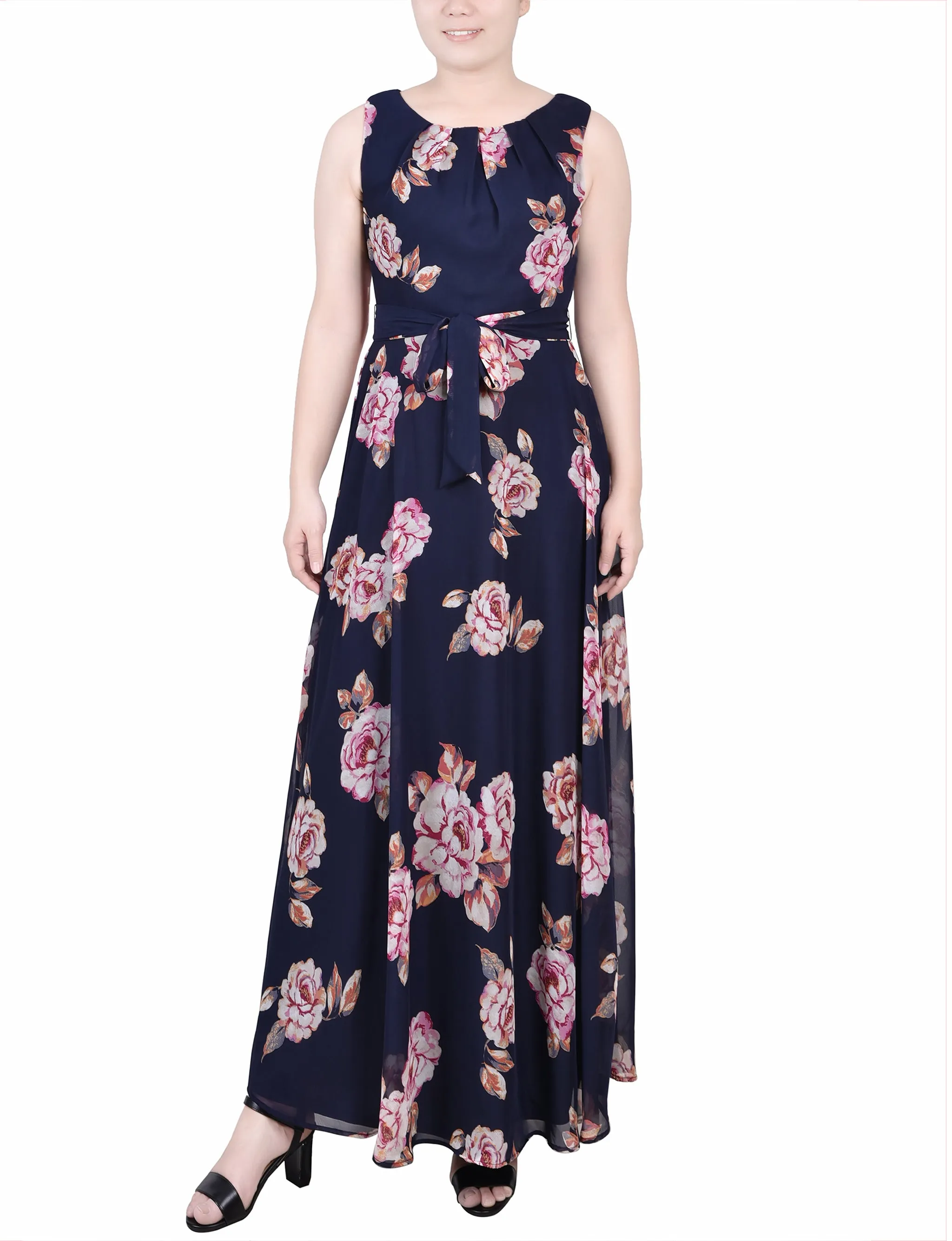 Petite Sleeveless Belted Chiffon Maxi Dress